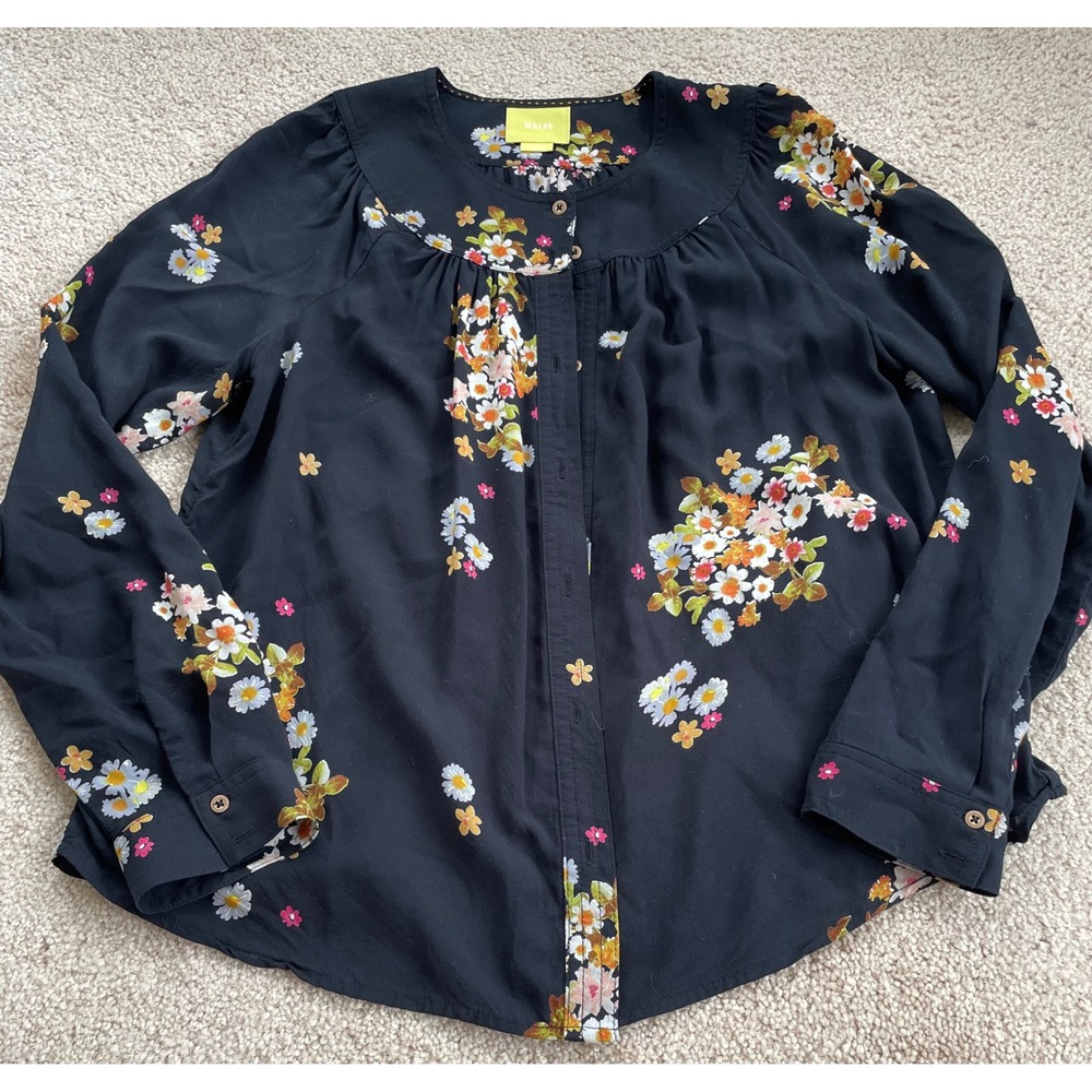 Maeve Anthropologie Floral Button Down Blouse Navy Blue Daisy Print Small